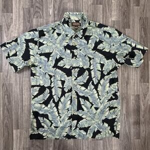 Cooke Street Hawaiian Shirt L Black Green Palm Leaves 100% Cotton Aloha Island